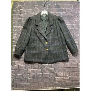 VTG Karizma Blazer Jacket Women 18W Black‎ Pink Purple Plaid Wool Blend Gold